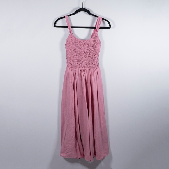 Wilfred Aritzia Alice Scoopneck Fit Flare Smocked Bodice Midi Dress Tart Pink - Picture 1 of 4